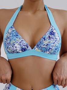 SHEIN Swim Summer Women's Vacation Plant Printed Halter Bandage Sexy Bikini Set - Multicolor - View 3