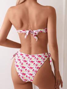 Swim Mod Women's Floral Printed Bandeau Bikini With Knot Front, Random Pattern, Ideal For Beach Vacation Summer - Multicolor - View 3