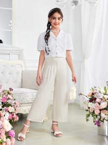 Tween Girl Loose Cute Solid Color High Waist Culottes With One-Sided Pleated Leg, Capri Length