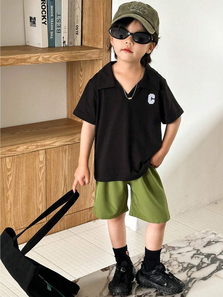 夏に最適なボーイズポロシャツ&プリーツショーツセット、日韓スタイルCプリント
