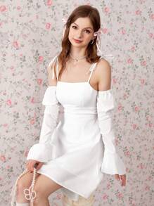 GENKIRA Vintage American Style Casual Sweet & Spicy Backless Drawstring Waist Cutout Design Flare Sleeve Cold-Shoulder Mid-Length Dress Fall Cloth For Women - White - View 4