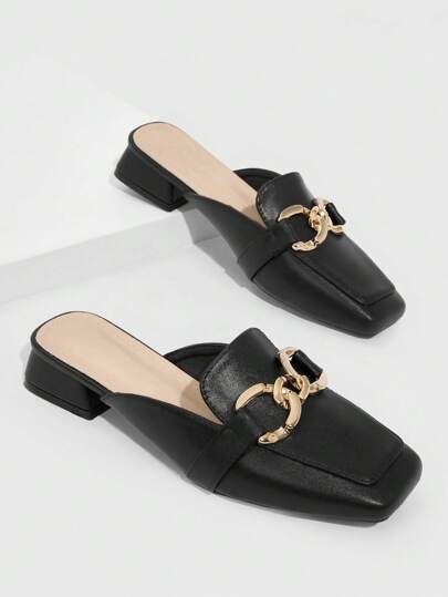 CUCCOO BIZCHIC Woman Metal Decor Square Toe Flats, Elegant Black Mule Shoes For Summer Vacation Shoes Summer Back To School Shoes College Student Shoes Elegant Basics Business Casual Business Chic Spring Shoes Spring Break Easter For Christmas