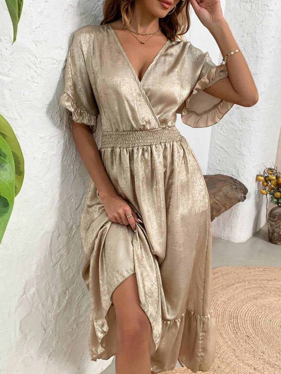 SHEIN Clasi 女士時尚純色短袖V領連衣裙 - 香檳色 - 查看 1