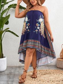 SHEIN VCAY فستان قصير وطويل من الأنبوب بتفاصيل طبعات راقصة للمقاسات الكبيرة المناسب للعطلات - متعدد الألوان - مشاهدة 5