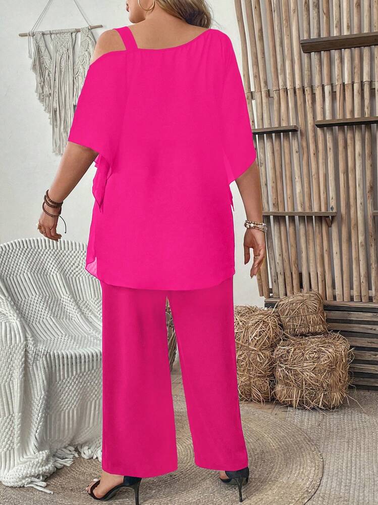 SHEIN Clasi Plus Size Women Fashionable Solid Color Ruffle Hem Tank Top And Long Pants Two Pieces Set - Hot Pink - View 2