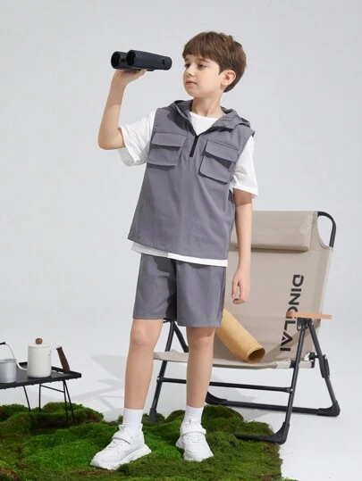 SHEIN 3入組青少年男孩鬆身休閒短袖t恤,帽衫背心和短褲套裝