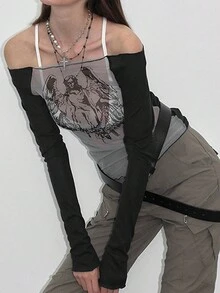 Women's Summer Angel Printed Mesh Off-Shoulder Long Sleeve Top - Black and White - View 3