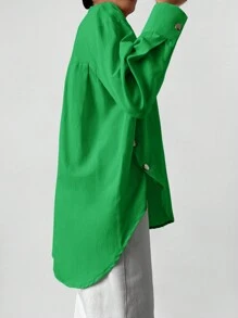 RueChic Solid Button Front Pocket Patched Shirt - Green - View 5