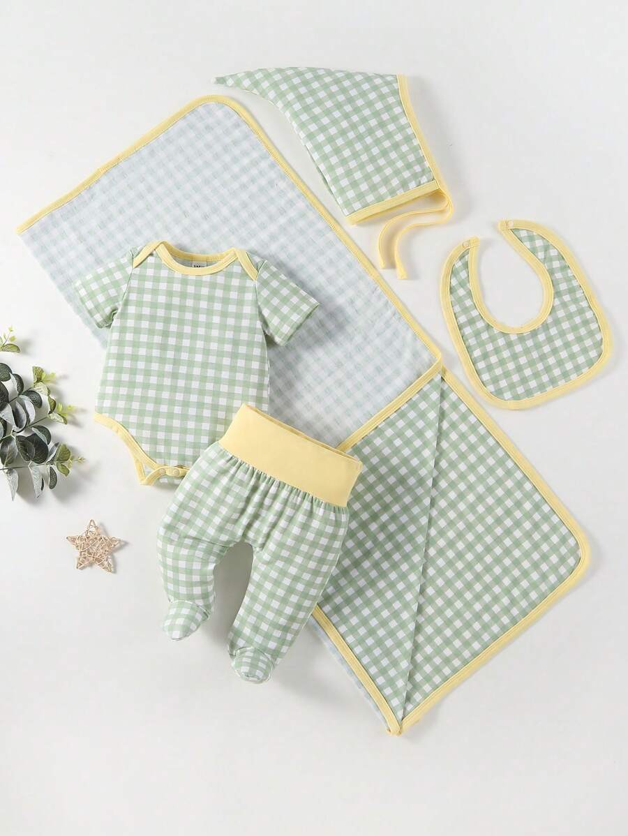 SHEIN Baby Mädchen Grüner modischer Kurzarm-Romper mit Karomuster Muster kurzem Hosen, Hut & Schal, lässiges Home- Kleidungsset