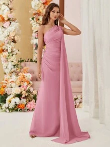 Aureia 不对称领口雪纺伴娘礼服，带垂坠侧边，（成人）女士正式舞会礼服优雅舞会晚会婚礼宾客礼服，适合毕业典礼、晚宴派对礼服 - 藕粉色 - 查看 5