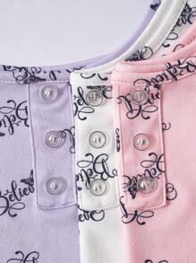 Shein Underwear&Sleepwear Basics Top de pijama para mujer con botones y estampado de letras, 3 piezas/paquete con patrón floral pequeño