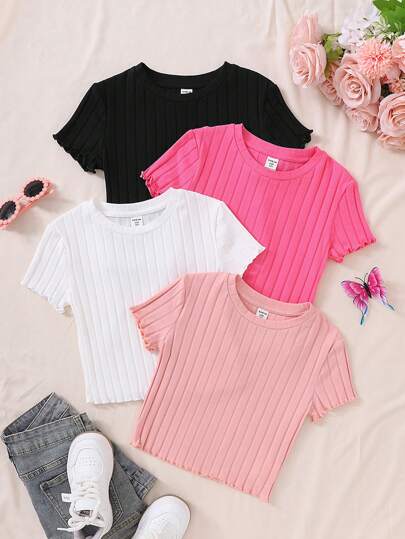 Tween Girl 4pcs Stretchable Round Neck Solid Color Short Sleeve T-Shirt