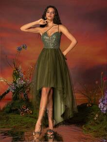 Vestido de noche verde con malla de cuentas para mujer, alargando las piernas