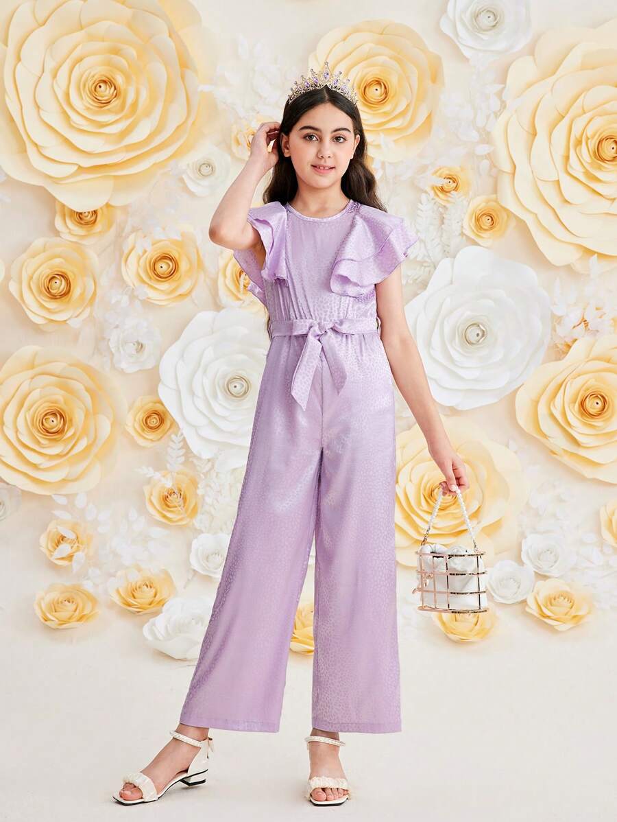 SHEIN Tween Girl Elegant Solid Color Jacquard Ruffle Jumpsuit, Summer
