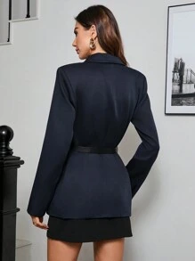 GENKIRA Slim Fit Women Suit Jacket With Waist Belt - Navy Blue - View 2