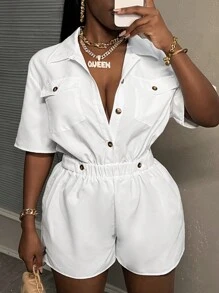 Slaydiva 韓版女裝休閒實色短袖拼接鈕扣立領寬鬆連身褲 - K