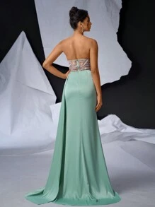 Glamrae 帶束帶和魚骨的優雅浪漫馬甲裙，豪華、性感的網眼插片，高腰設計，緞面側邊飾，美人魚下擺裙，女性正式舞會禮服，適合晚禮、婚禮和假日派對 - 綠色 - 查看 3