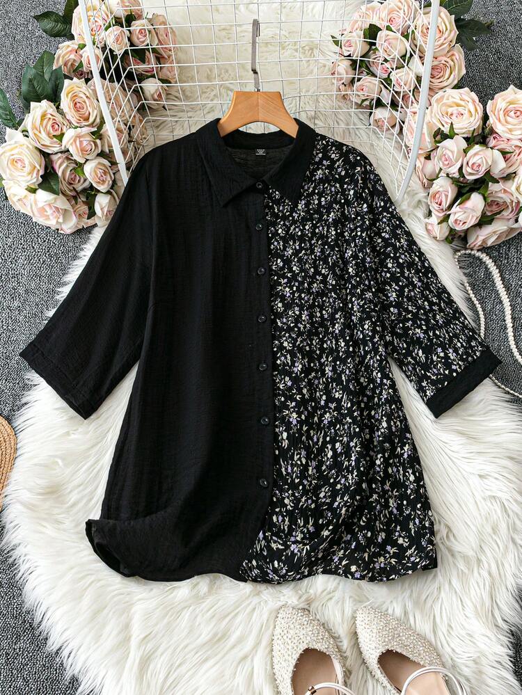 Plus Size Women's Fashionable AB Style Floral Patchwork Shirt, Versatile