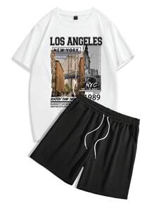 Manfinity Homme Conjunto De Camiseta De Manga Corta Y Pantalones Cortos Con Eslogan Para Hombres - Multicolor - Ver 2