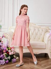 SHEIN Vestido de malla bordado de manga corta para niña preadolescente para fiesta de graduación de primavera/verano - Rosa - Ver 5
