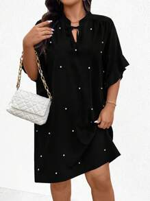 SHEIN Clasi Váy trang trí đính hạt đơn giản hàng ngày màu trơn cỡ lớn cho nữ, mùa hè - màu đen - Xem 3