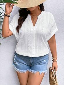 SHEIN LUNE 大尺碼女性時尚夏季純色V領寬鬆襯衫 - 白色 - 查看 4