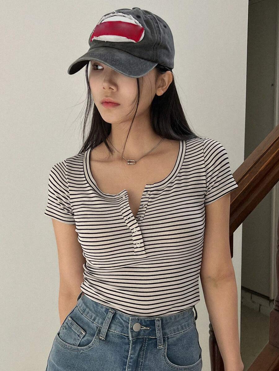 Dazy Star Women's Summer Striped & Printed Button Half-Placket Short Sleeve Casual T-Shirt,Crop Tops Women Preppy Tops - Apricot - View 1