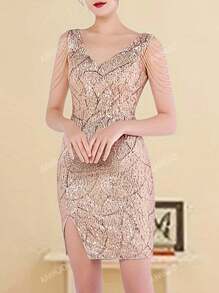 Vestido con cuello en V sin mangas, decorado con lentejuelas y cadena de cuentas, con abertura en el bajo. Vestido de gala formal elegante de mujer para fiestas de cóctel, bodas, graduaciones, cenas y fiestas de regreso a casa