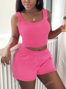 Nuevo conjunto de 2 piezas de verano para mujeres, top y shorts rosa casual para vacaciones
