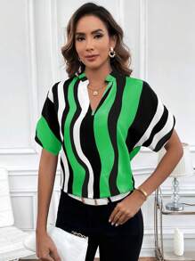 SHEIN Clasi Czarno-biała koszula w asymetryczne paski z kołnierzykiem - Zielony - Zobacz 4
