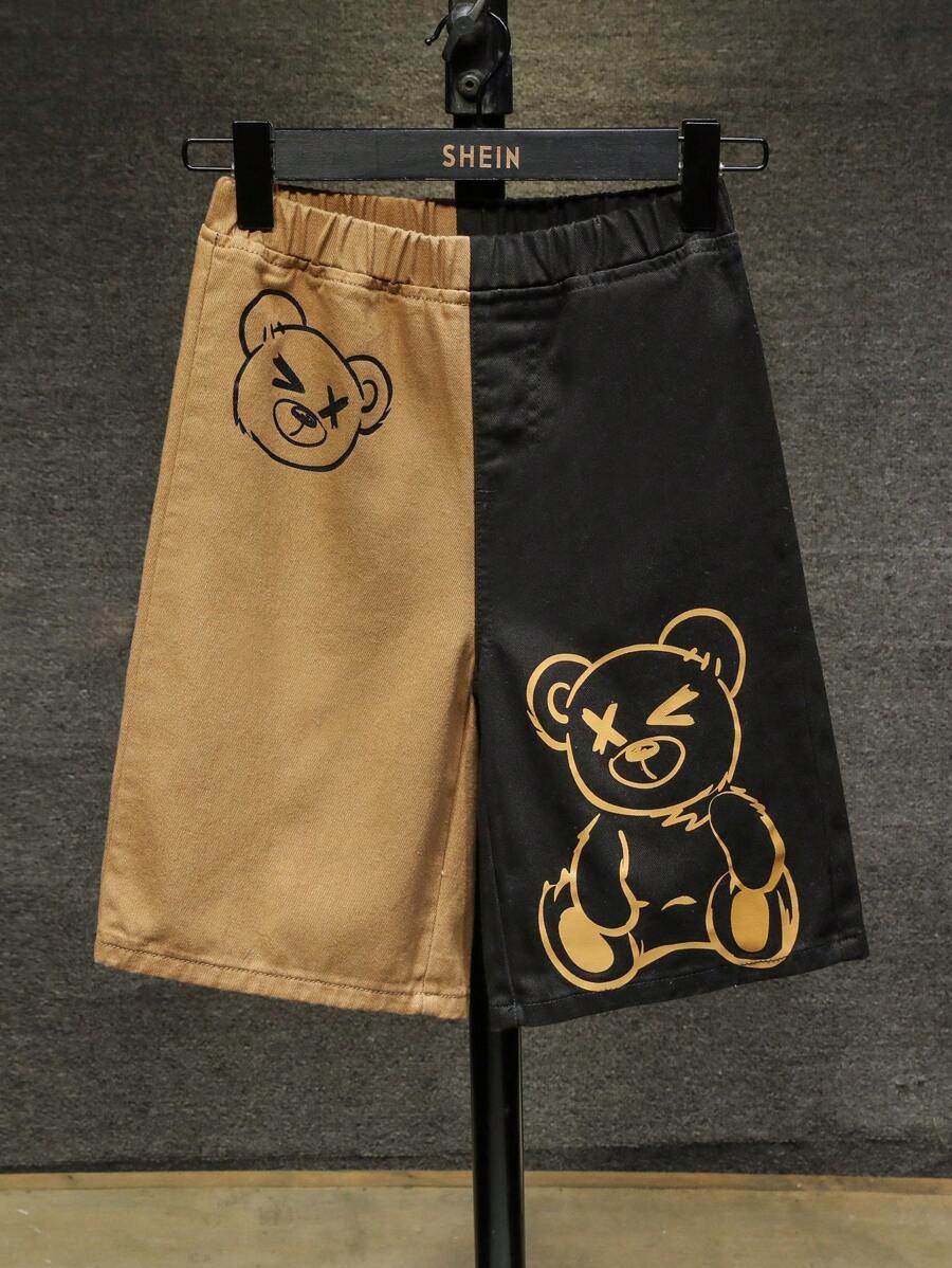 SHEIN Tween Boy Casual & Soft Cotton Cute Bear Print Colorblock Black And Brown Loose Straight Leg Denim Bermuda Shorts ,For Summer