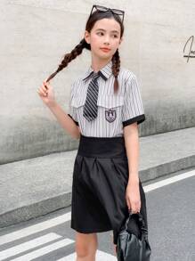 少女色塊條紋拼接T恤和純色高腰裙休閒風夏季套裝