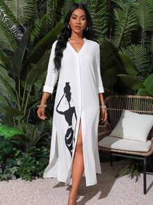 SHEIN LUNE 卡通印花襯衫裙，夏季長袖通勤裙 - 白色 - 查看 1