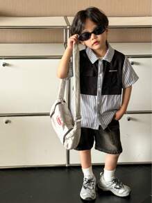 SHEIN 男童休閒韓版條紋2合1襯衫及牛仔短褲，適合逛街和戶外活動 - 白色 - 查看 1