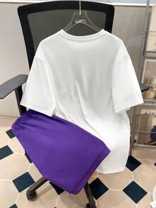 SHEIN 青少年男孩舒適狼紋短袖上衣和純色短褲組合，適用於春夏季 - 紫色 - 查看 2