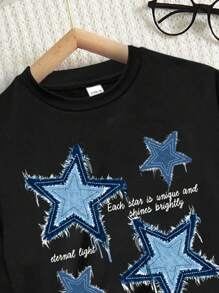 Mulvari 2 piezas Conjunto de top de manga corta con cuello redondo y pantalones casuales de pierna recta con estampado de estrellas de talla grande - Multicolor - Ver 3