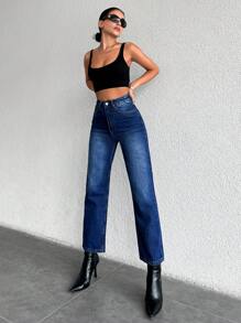 直筒牛仔褲 - 藍色 - 查看 1