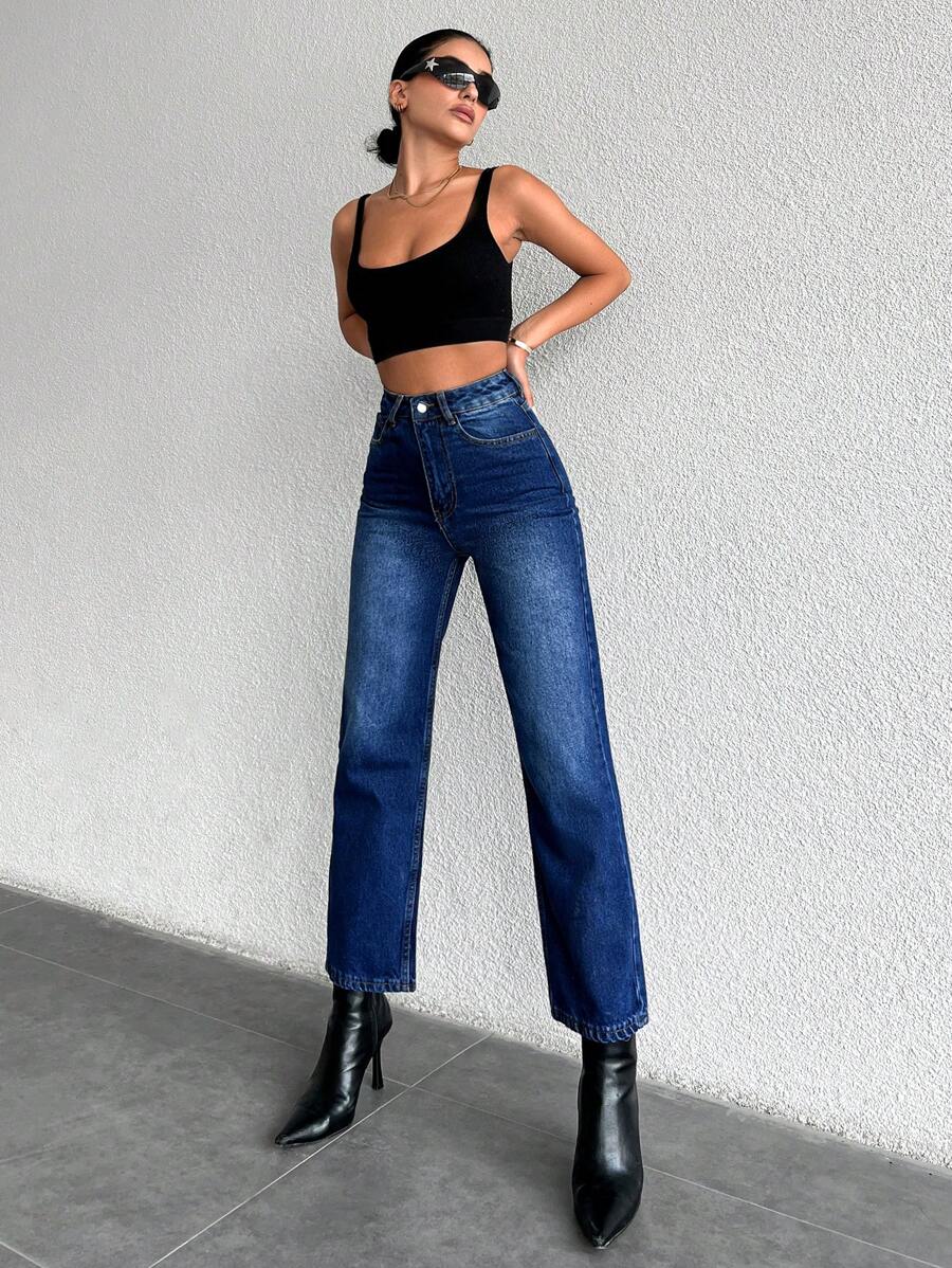 直筒牛仔褲 - 藍色 - 查看 1