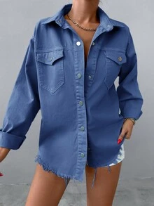 SHEIN Cottnline Cazadora mezclilla con bolsillo con solapa bajo crudo - Azul - Ver 5