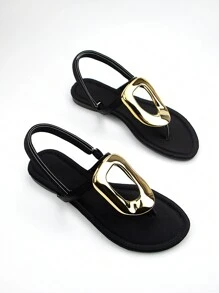 女士经典优雅款金色五金搭扣装饰黑色莱卡面料凉鞋，魔术贴和后跟带设计，方便穿脱，舒适的趾间分隔设计平底凉鞋 - 黑色 - 查看 5