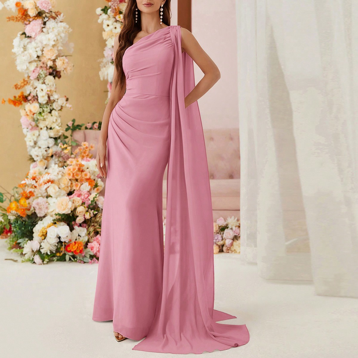 Abito da damigella d onore in chiffon con scollo asimmetrico e drappeggio laterale, abito da ballo formale da donna elegante per ballo di fine anno, matrimoni, cene, laurea 