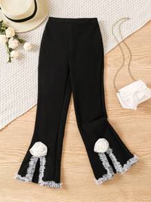 SHEIN Tween Girl Lace Open Slit 3D Flower Daily Matching Long Pants - Black - View 1