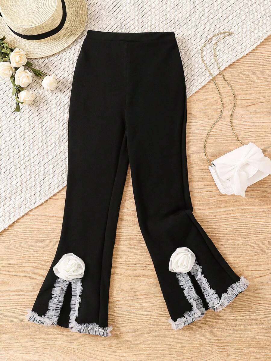 SHEIN Tween Girl Lace Open Slit 3D Flower Daily Matching Long Pants - Black - View 1