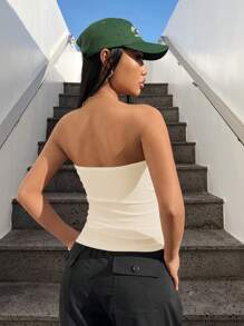 SHEIN EZwear Haut court sans bretelles tricoté unicolore pour femme, idéal pour l'été - Nude - Voir 2