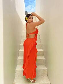 SHEIN SXY Robe orange fendue haute avec volants au dos et à l'encolure ras-du-cou, pour femmes grande taille. Convient pour le début du printemps, le printemps et l'été, la forêt tropicale, les fêtes sur la plage, les vacances au bord de , les soirées autour du feu de camp. Fraîche et légère, coupe slim, confortable à porter, facile à assortir, met la silhouette en valeur.