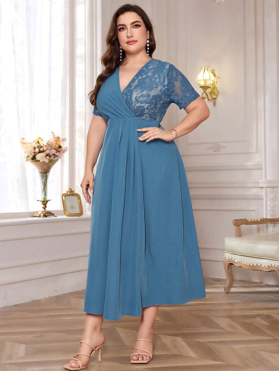 Mulvari Elegantes Kontrastspitzen Maxikleid mit kurzen Ärmeln für Damen in Große Größen, Sommer Maxioutfit für Frauen