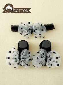 1pair Baby Girls' Princess Short Socks With Bowknot, Spring And Autumn, Plus 1pc Headband - Black - View 1