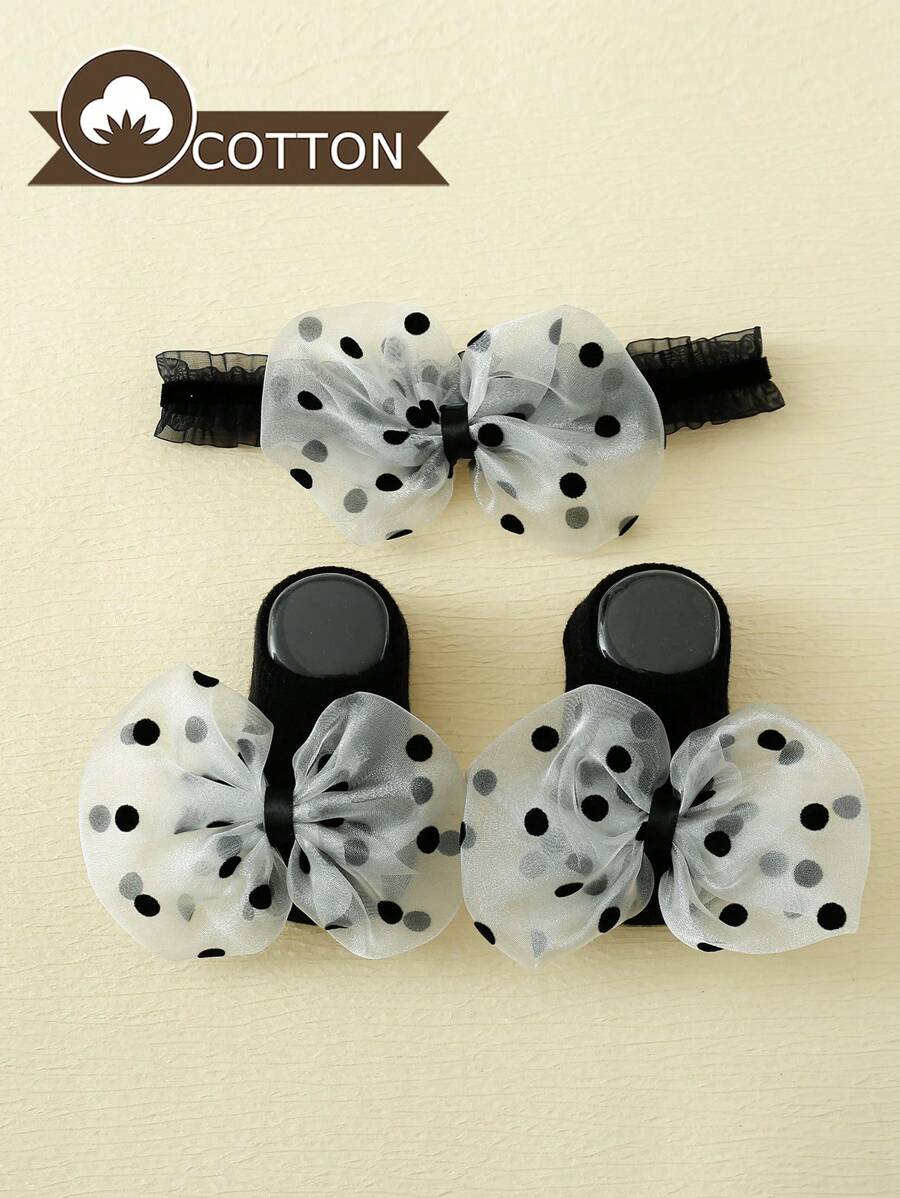 1pair Baby Girls' Princess Short Socks With Bowknot, Spring And Autumn, Plus 1pc Headband - Black - View 1