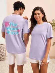 Manfinity VCAY Áo thun nam ngắn tay dệt kim in hình cây dừa cho mùa xuân hè - Màu tím - Xem 3