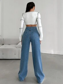 SHEIN Cottnline جينز بساق مستقيم سستة طائر - أزرق متوسط - مشاهدة 2